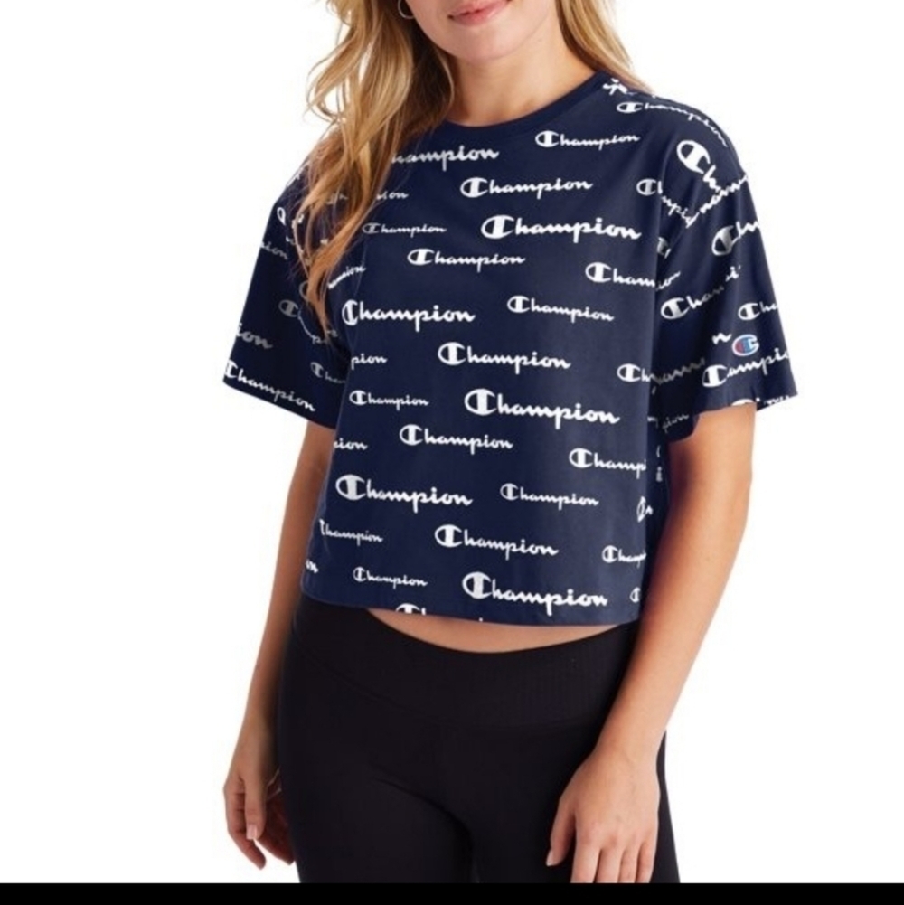 Champion Cotton All Over Logo Script Multi Heritage Tee Crop Top Small Women